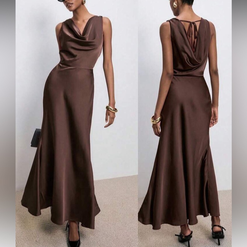 Sleeveless Cowl Neck Satin Maxi Dress in Chocolate Brown